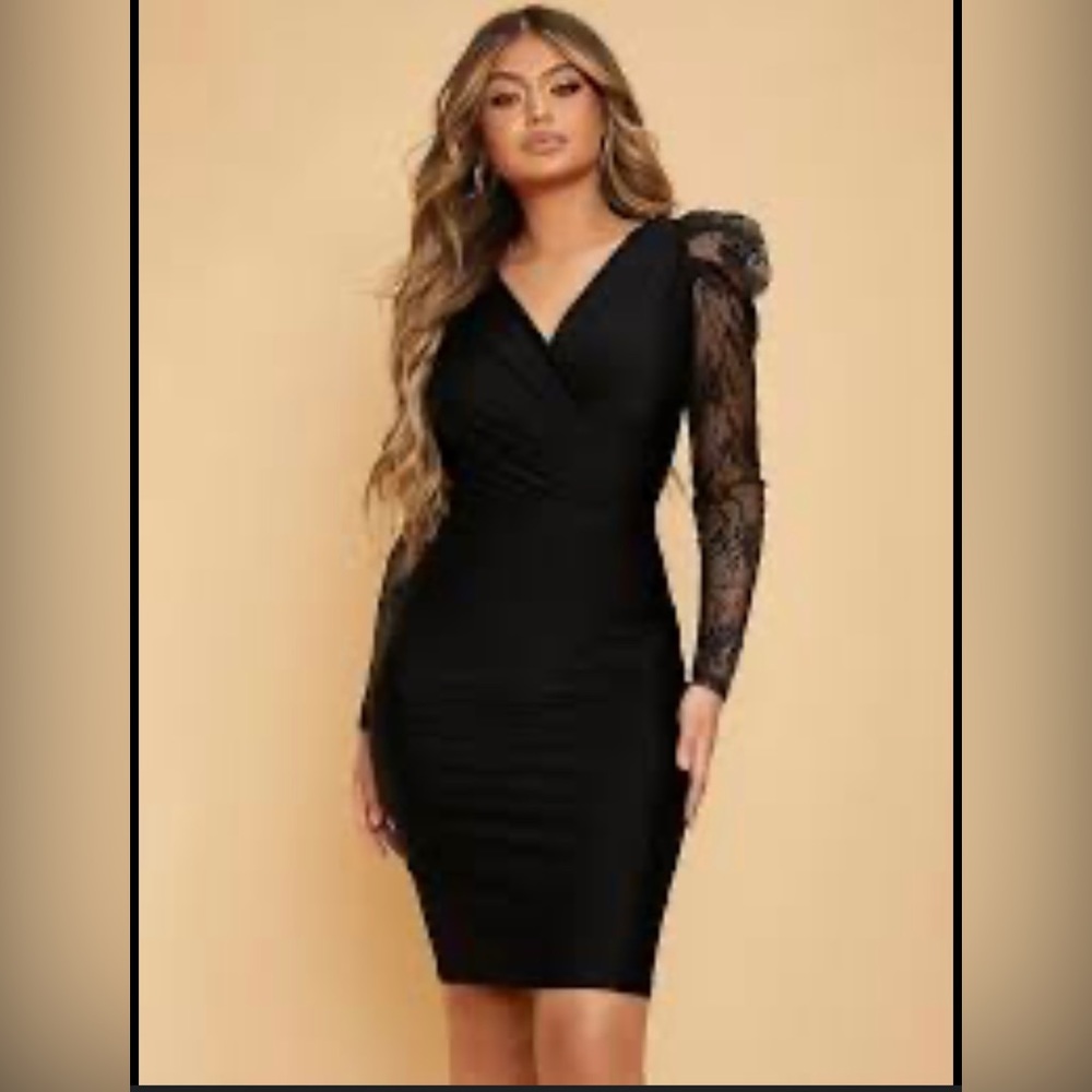 Women Dress Lace Panel Gigot Sleeve